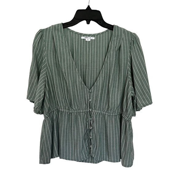 O’Neill Wes Stripe Moss Green V-neck Peplum Top Flowy Short Sleeve Women Size XL - Picture 4 of 11